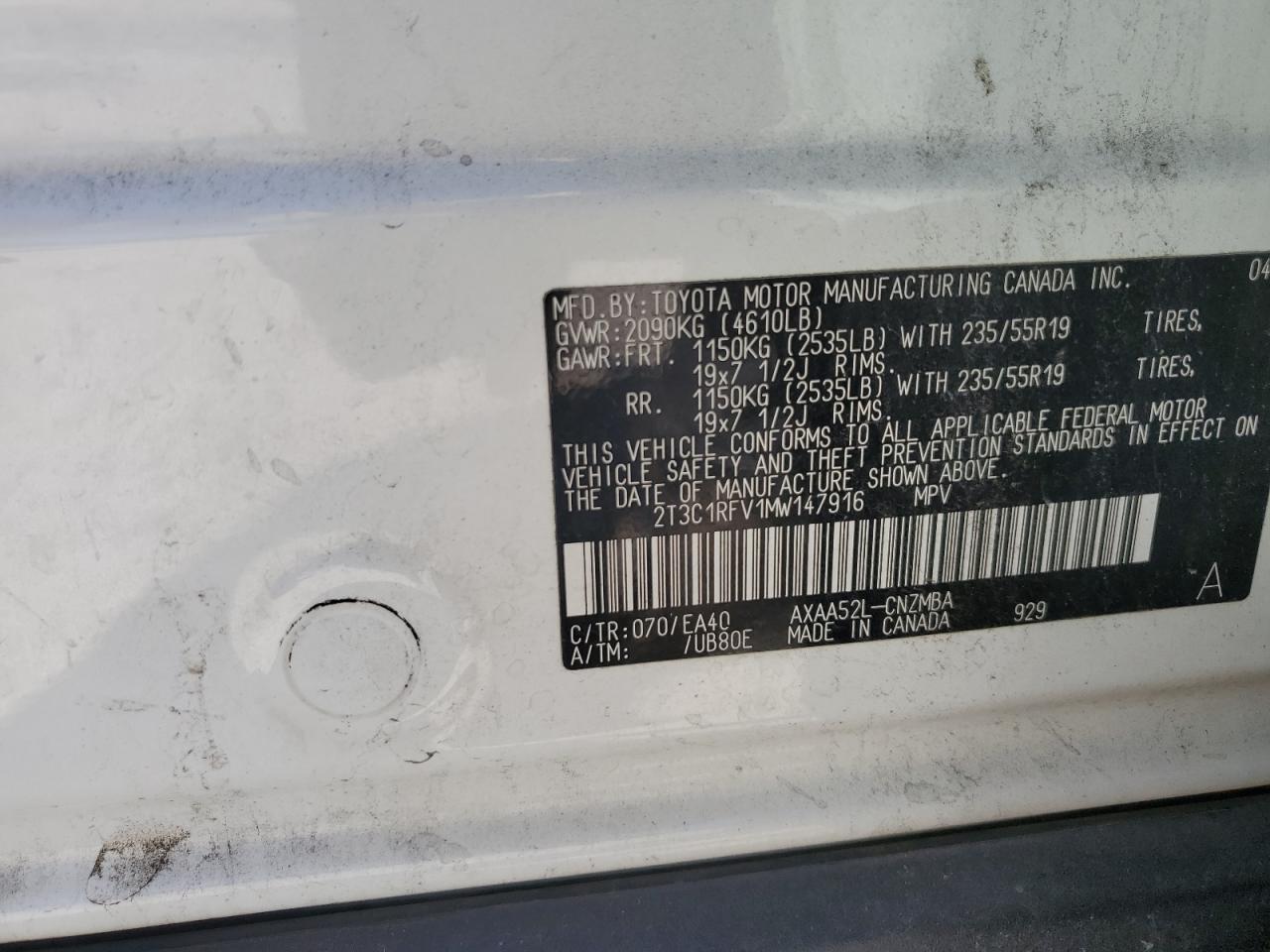 2T3C1RFV1MW147916 2021 Toyota Rav4 Xle Premium