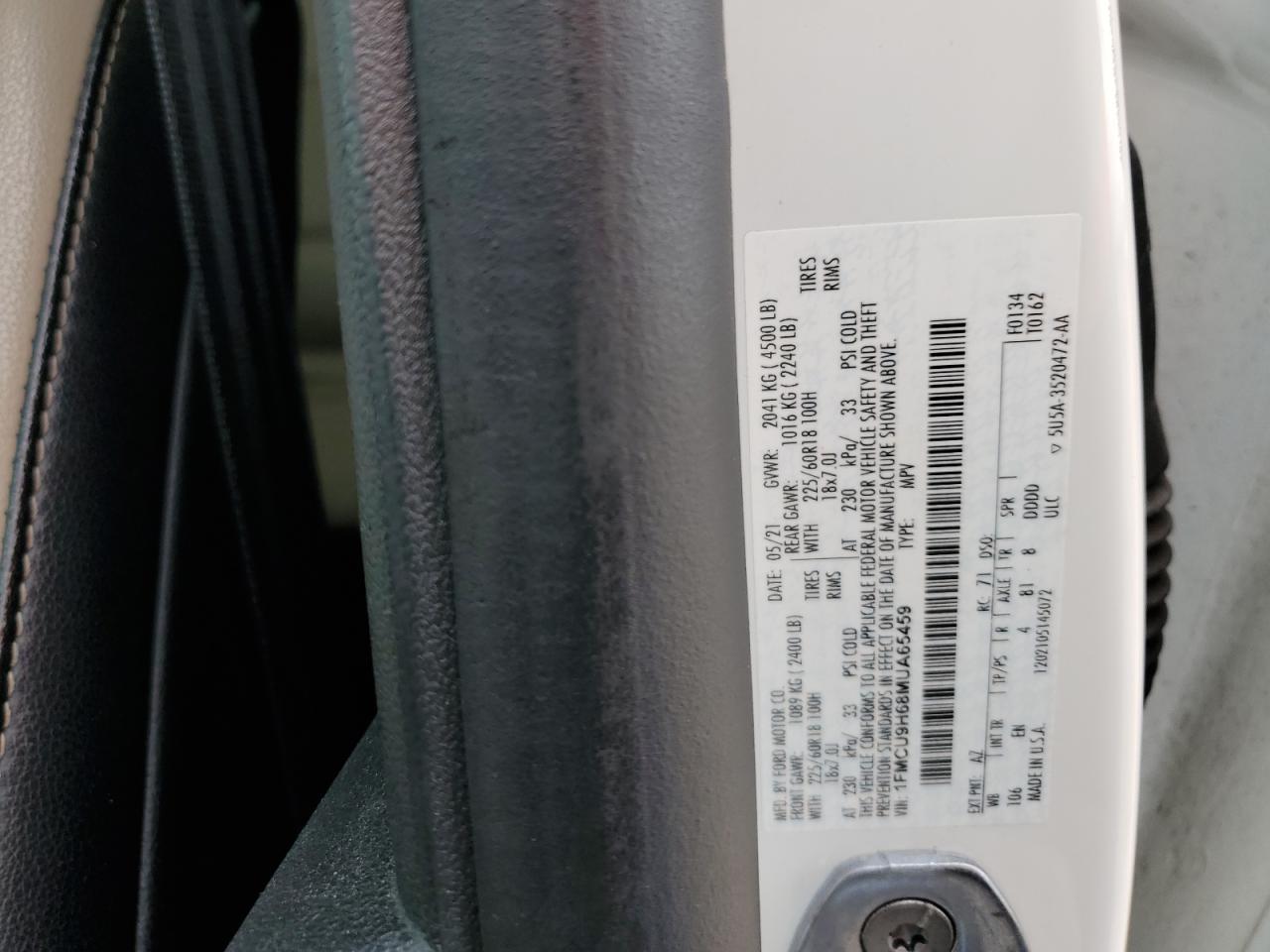 2021 Ford Escape Sel VIN: 1FMCU9H68MUA65459 Lot: 71471774