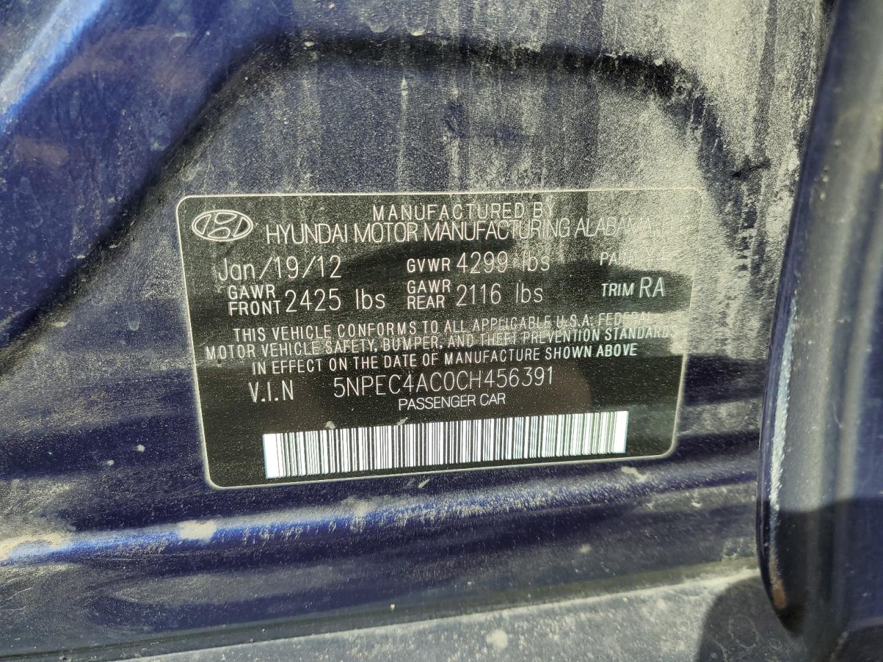 5NPEC4AC0CH456391 2012 Hyundai Sonata Se