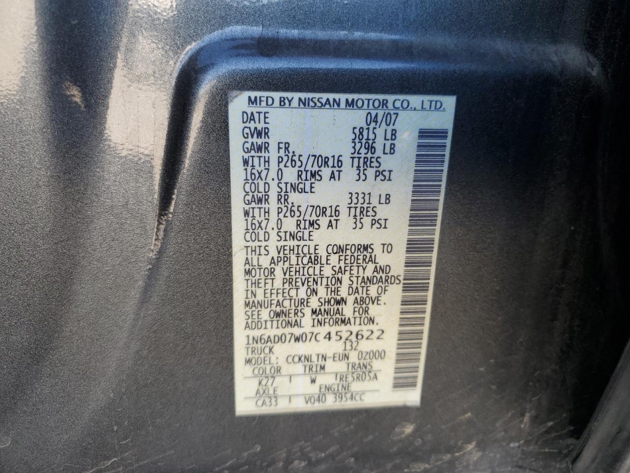 1N6AD07W07C452622 2007 Nissan Frontier Crew Cab Le