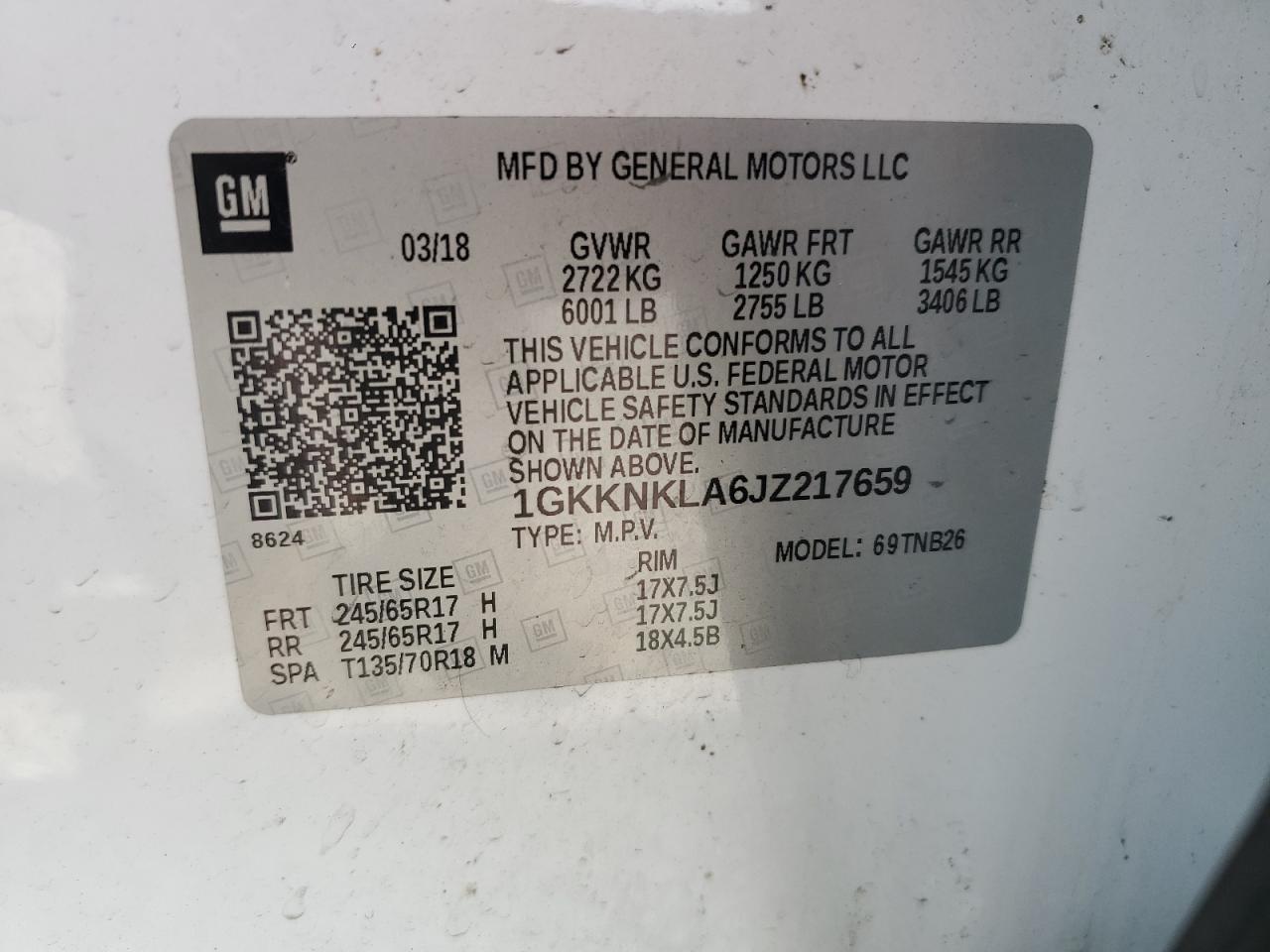 1GKKNKLA6JZ217659 2018 GMC Acadia Sle