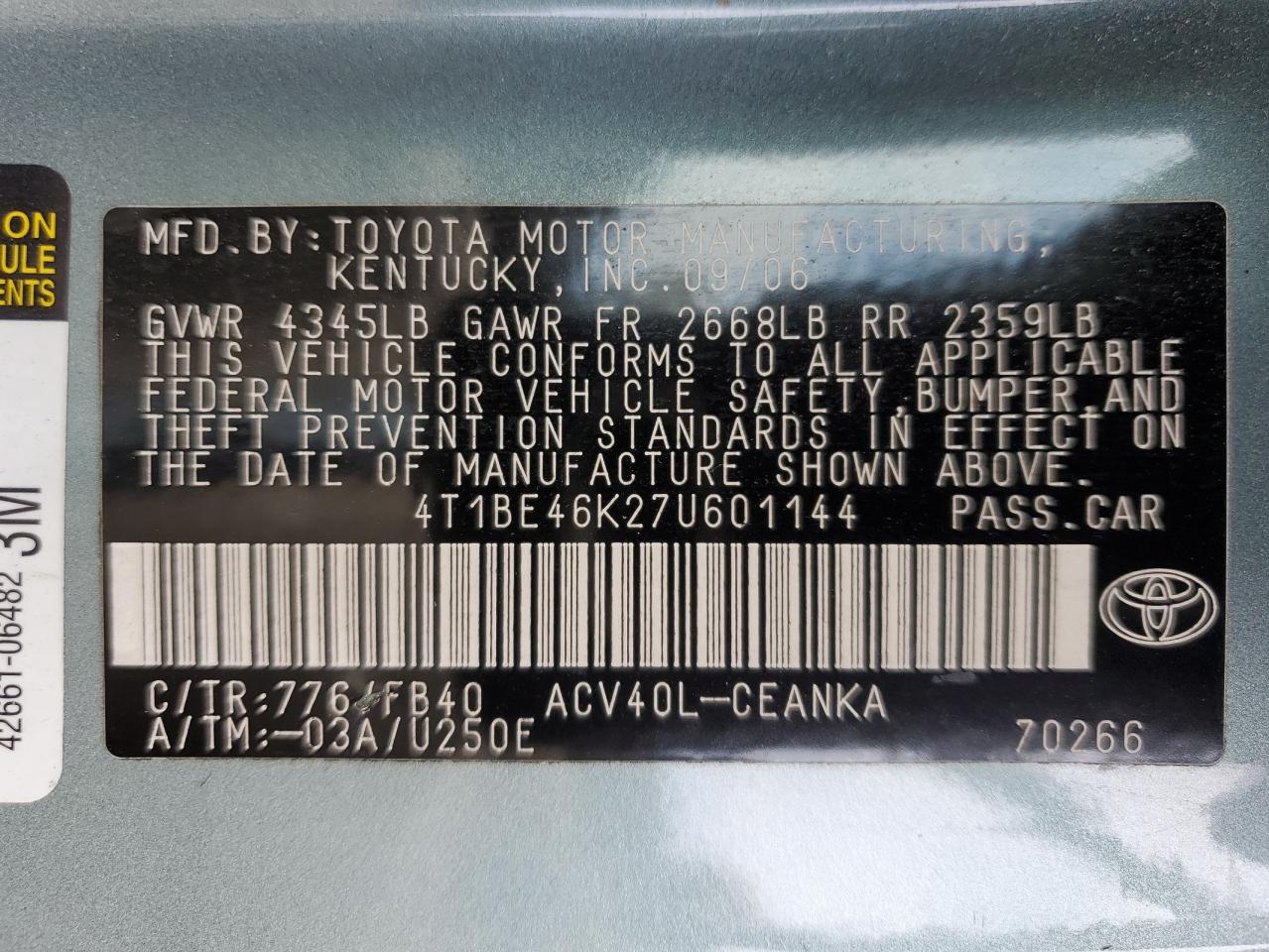 4T1BE46K27U601144 2007 Toyota Camry Ce