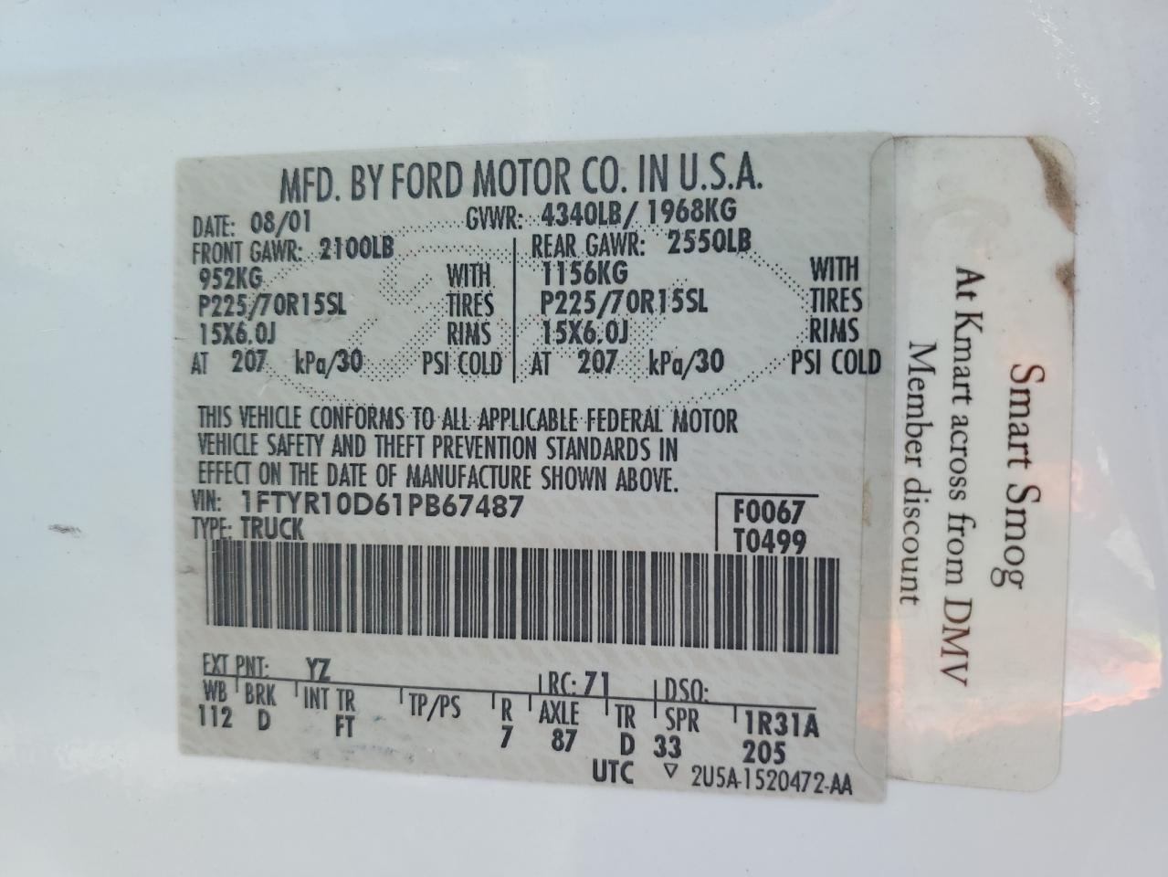 1FTYR10D61PB67487 2001 Ford Ranger