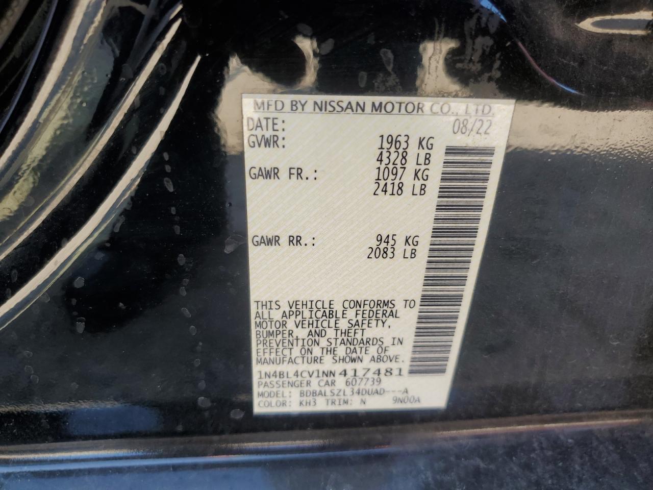 2022 Nissan Altima Sr VIN: 1N4BL4CV1NN417481 Lot: 71685074