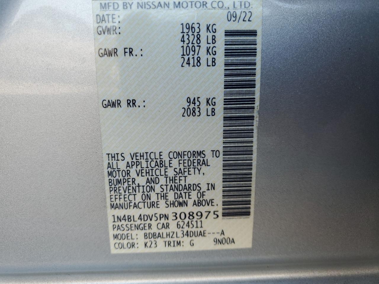 1N4BL4DV5PN308975 2023 Nissan Altima Sv