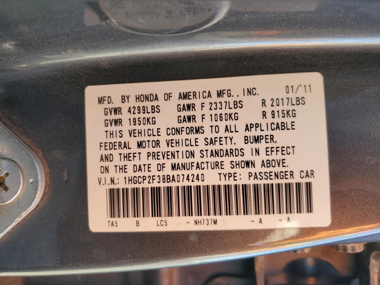 1HGCP2F38BA074240 2011 Honda Accord Lx