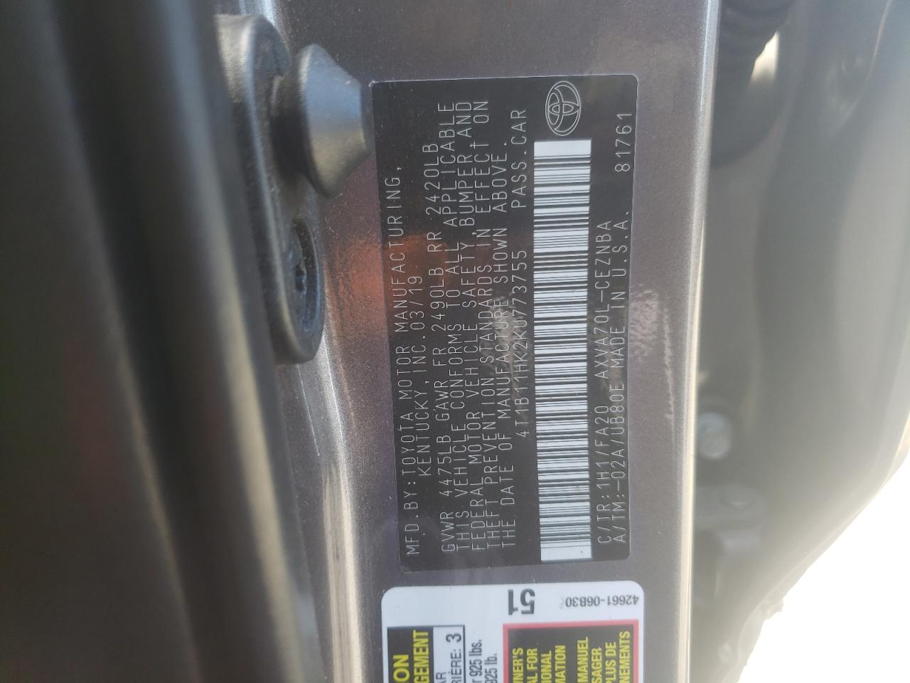 4T1B11HK2KU773755 2019 TOYOTA CAMRY - Image 12