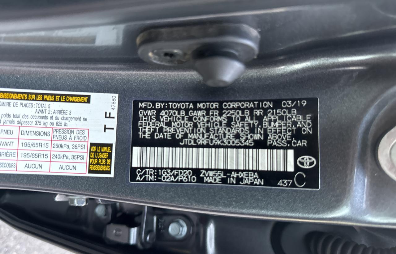 2019 Toyota Prius VIN: JTDL9RFU9K3005345 Lot: 71686034