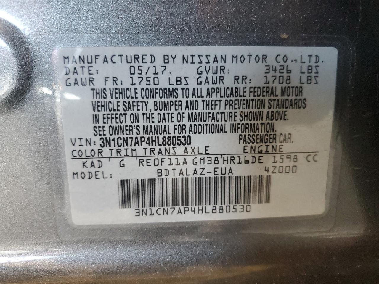 3N1CN7AP4HL880530 2017 Nissan Versa S