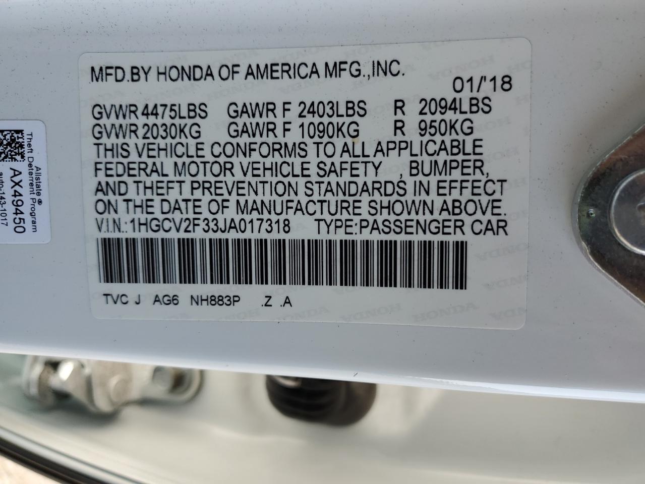 1HGCV2F33JA017318 2018 HONDA ACCORD - Image 12