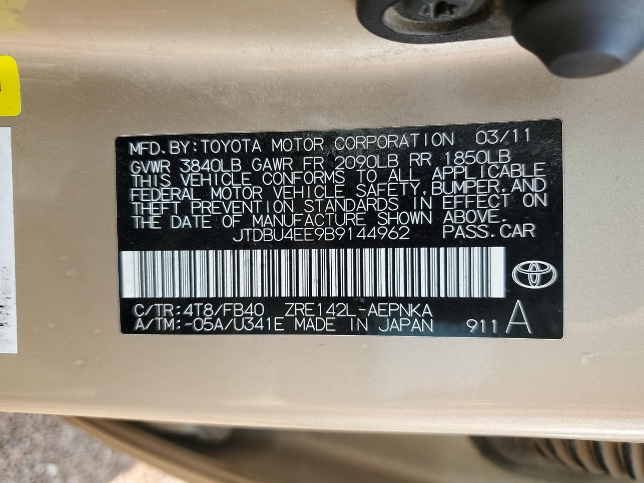 JTDBU4EE9B9144962 2011 Toyota Corolla Base