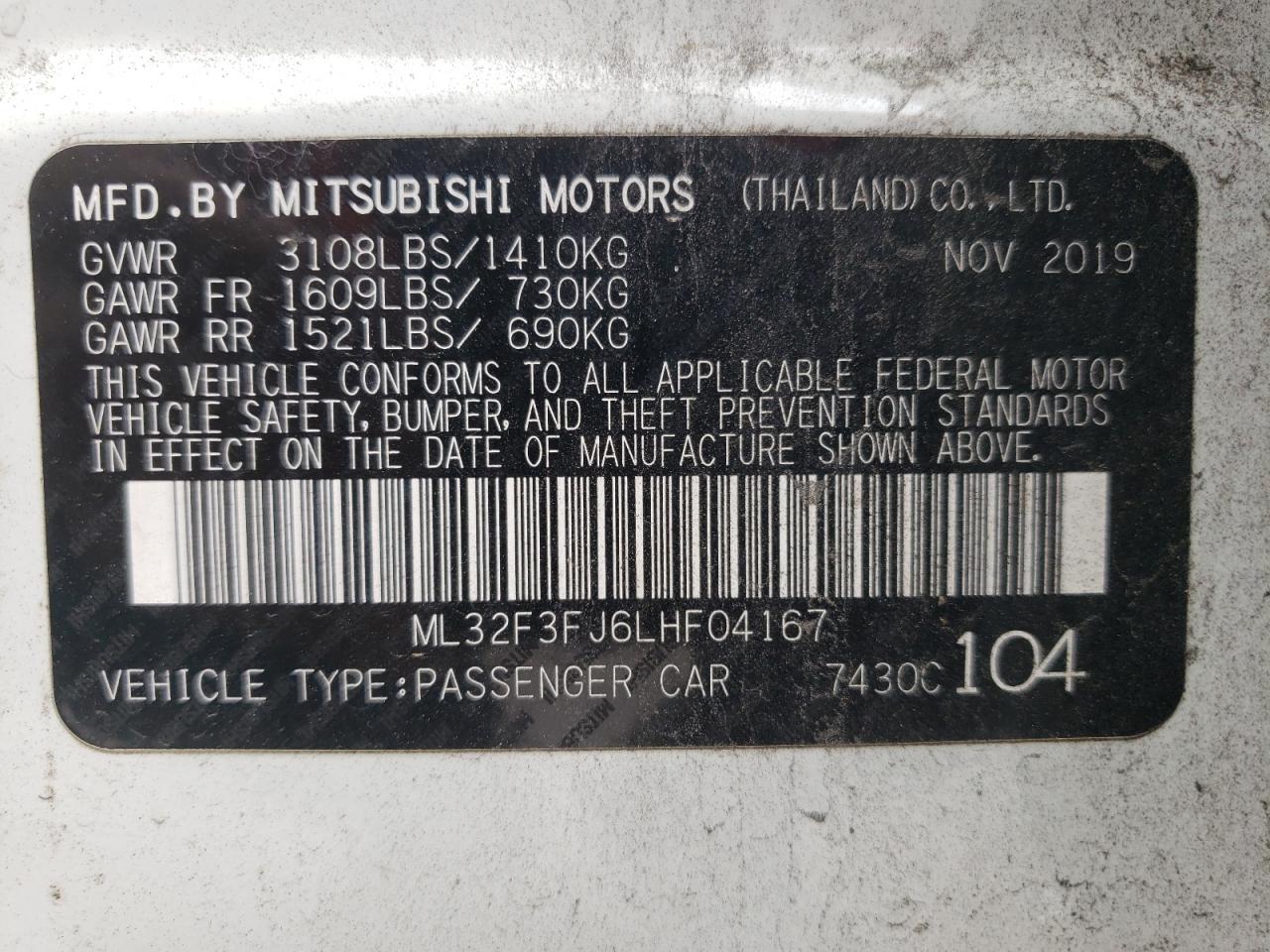 2020 Mitsubishi Mirage G4 Es VIN: ML32F3FJ6LHF04167 Lot: 72768864