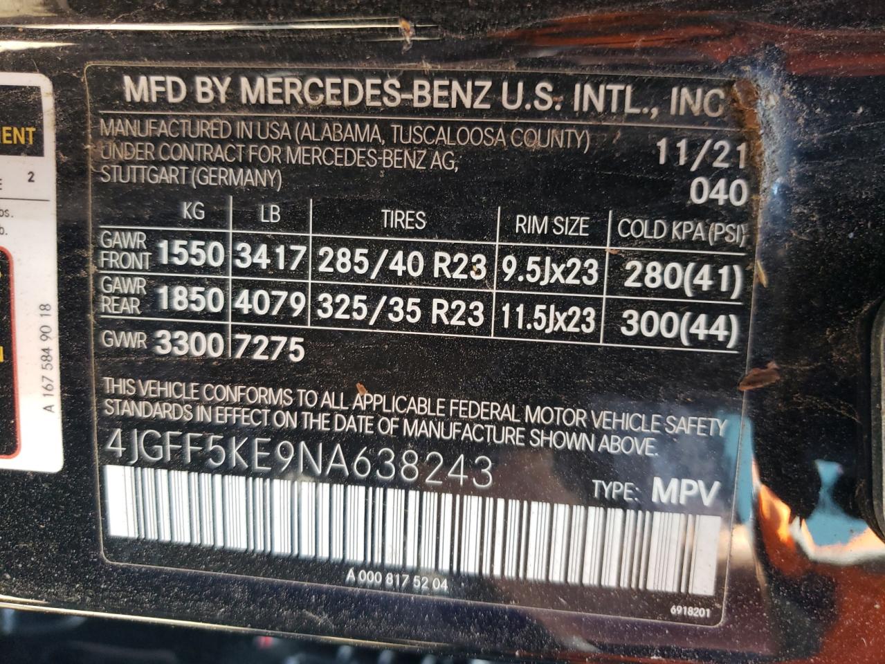 4JGFF5KE9NA638243 2022 Mercedes-Benz Gls 450 4Matic