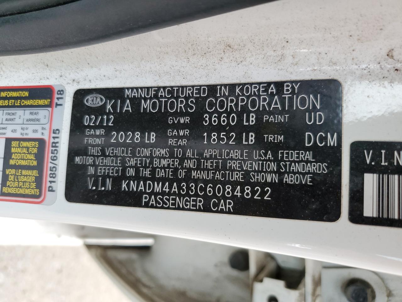 KNADM4A33C6084822 2012 Kia Rio Lx