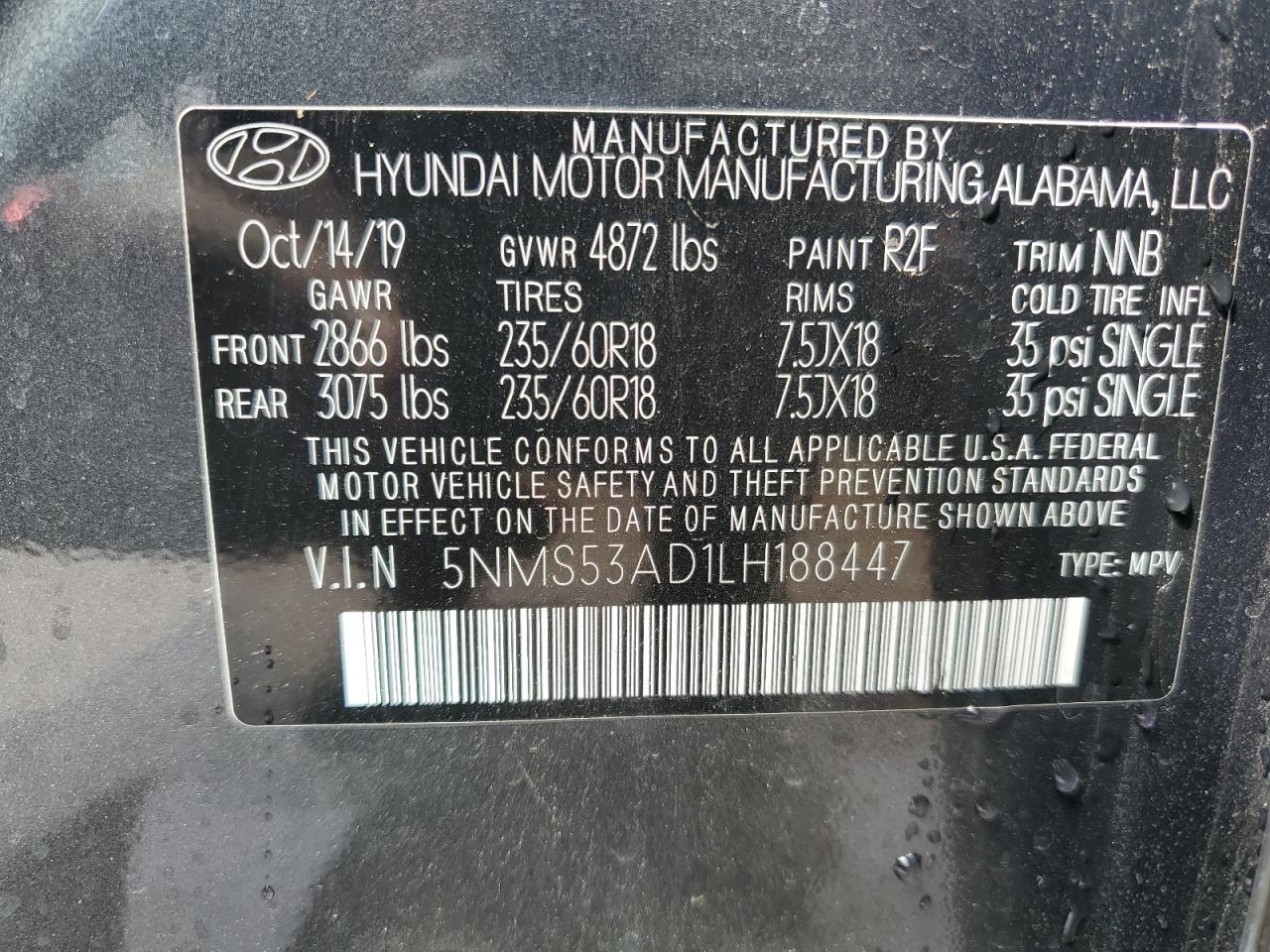 2020 Hyundai Santa Fe Limited VIN: 5NMS53AD1LH188447 Lot: 70963404