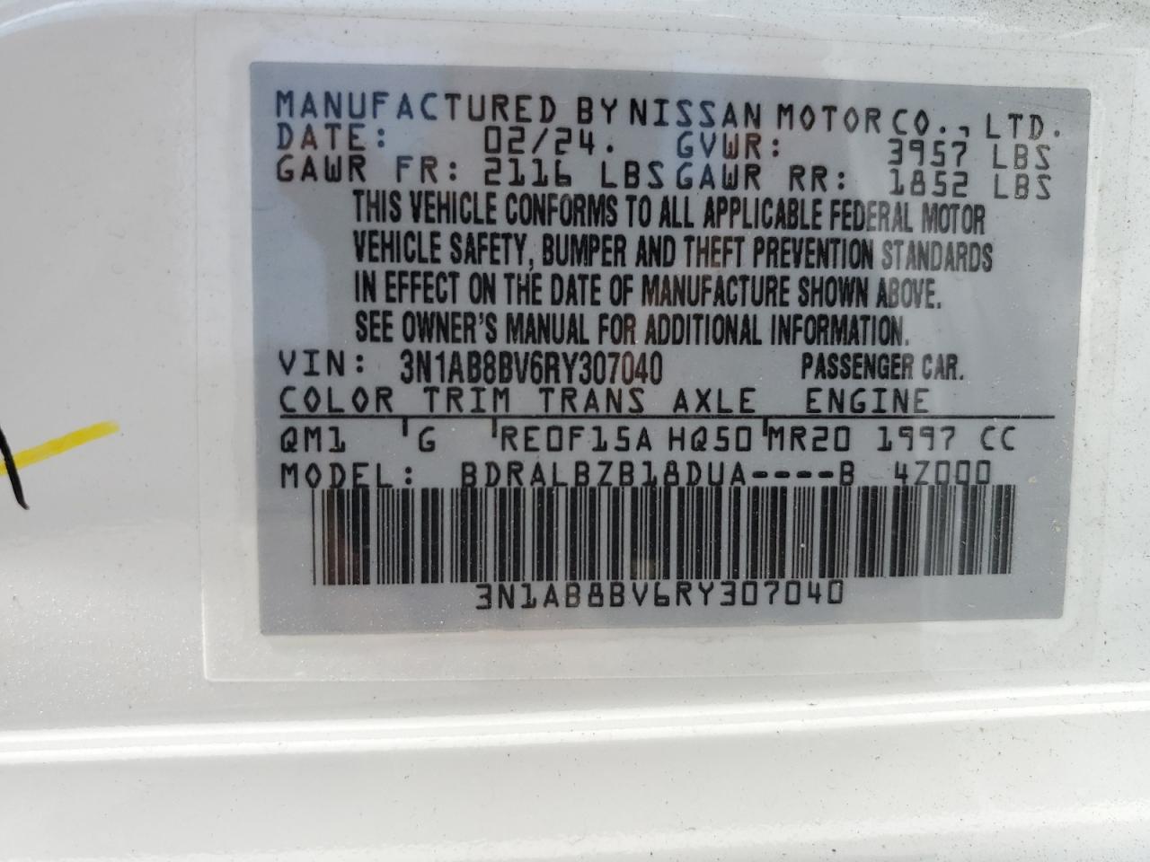 2024 Nissan Sentra S VIN: 3N1AB8BV6RY307040 Lot: 70807524