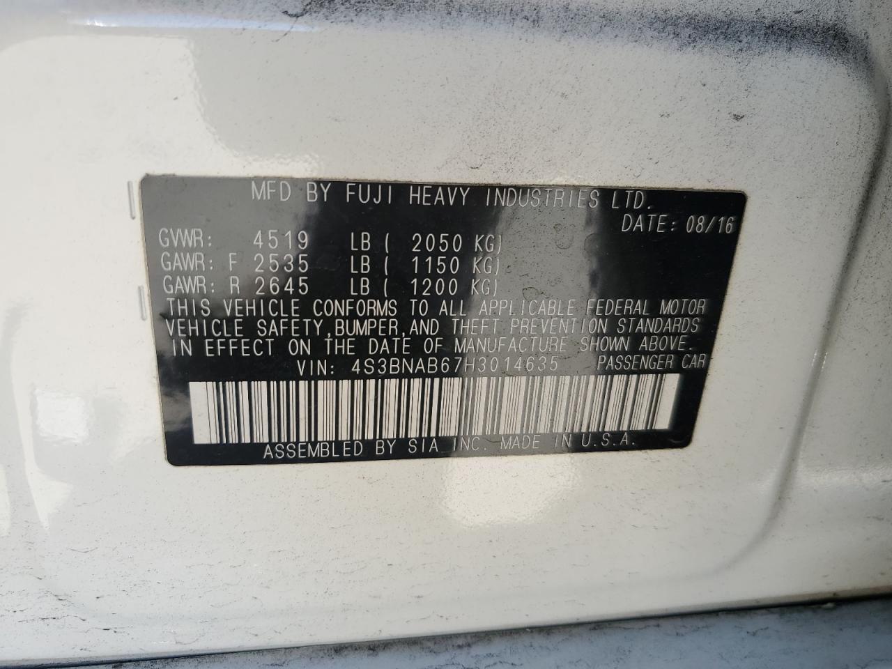 4S3BNAB67H3014635 2017 Subaru Legacy 2.5I