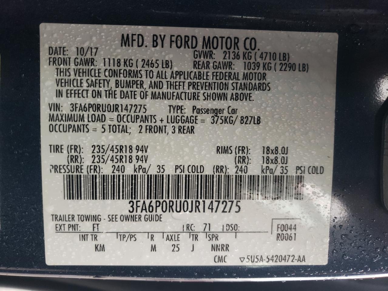 3FA6P0RU0JR147275 2018 Ford Fusion Titanium/Platinum Hev