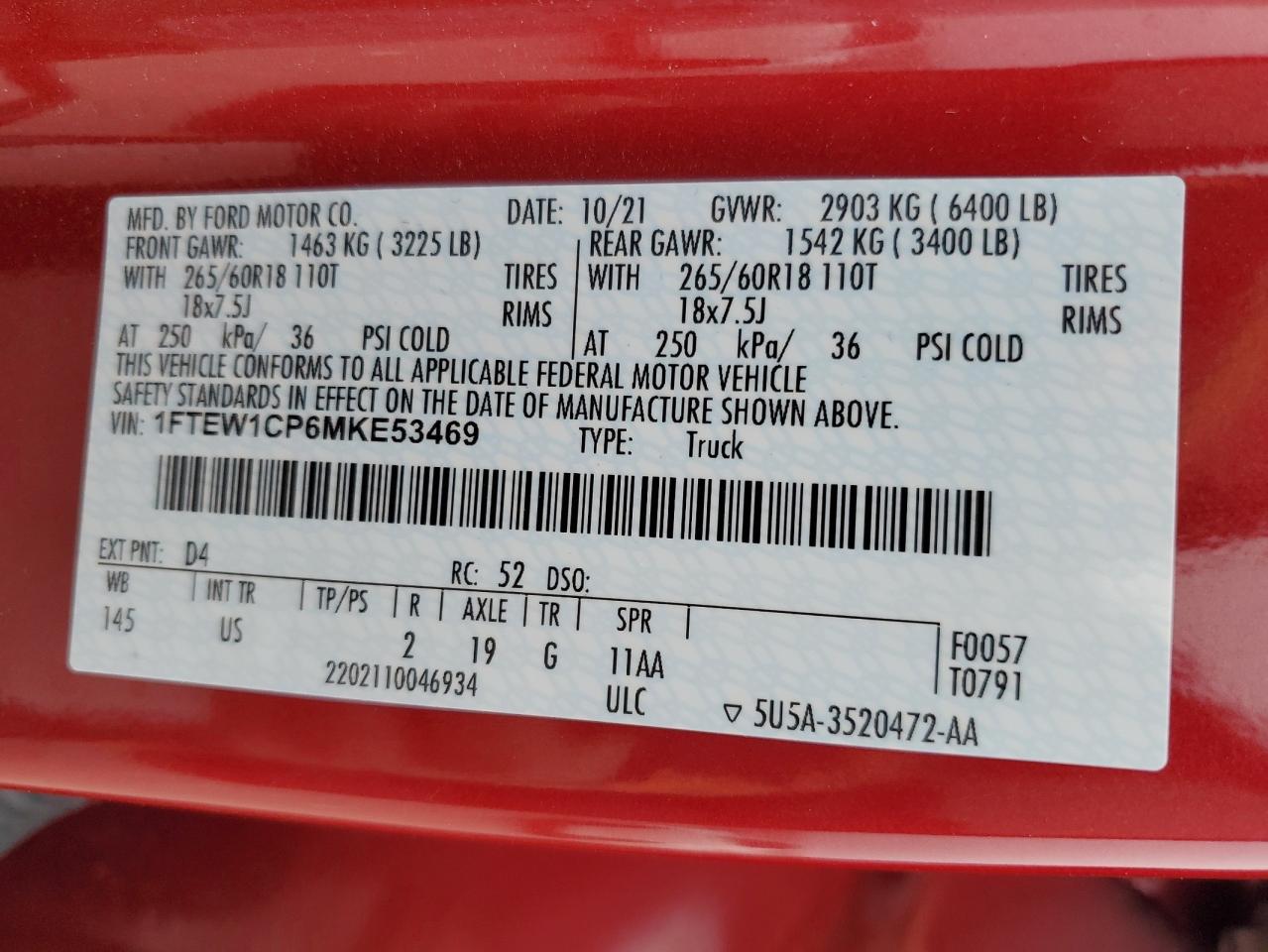 2021 Ford F150 Supercrew VIN: 1FTEW1CP6MKE53469 Lot: 71983984