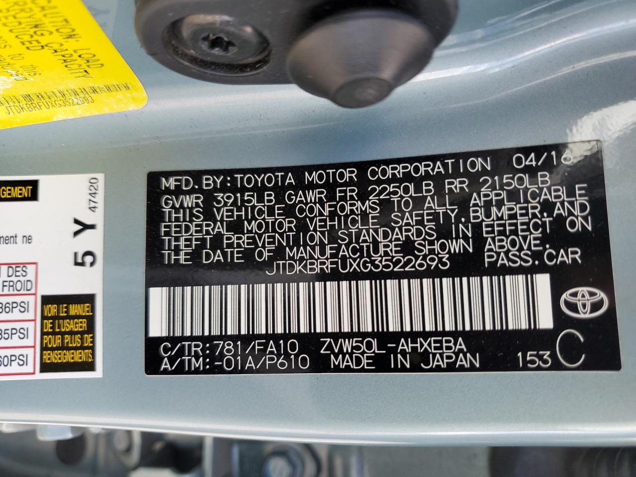 JTDKBRFUXG3522693 2016 Toyota Prius