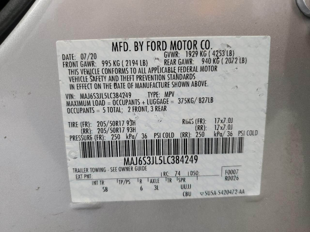 2020 Ford Ecosport Ses VIN: MAJ6S3JL5LC384249 Lot: 71294014