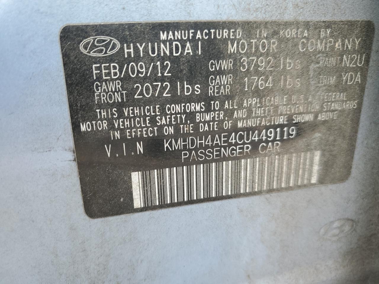 KMHDH4AE4CU449119 2012 Hyundai Elantra Gls