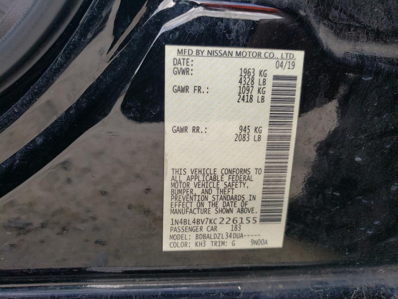 1N4BL4BV7KC226155 2019 Nissan Altima S