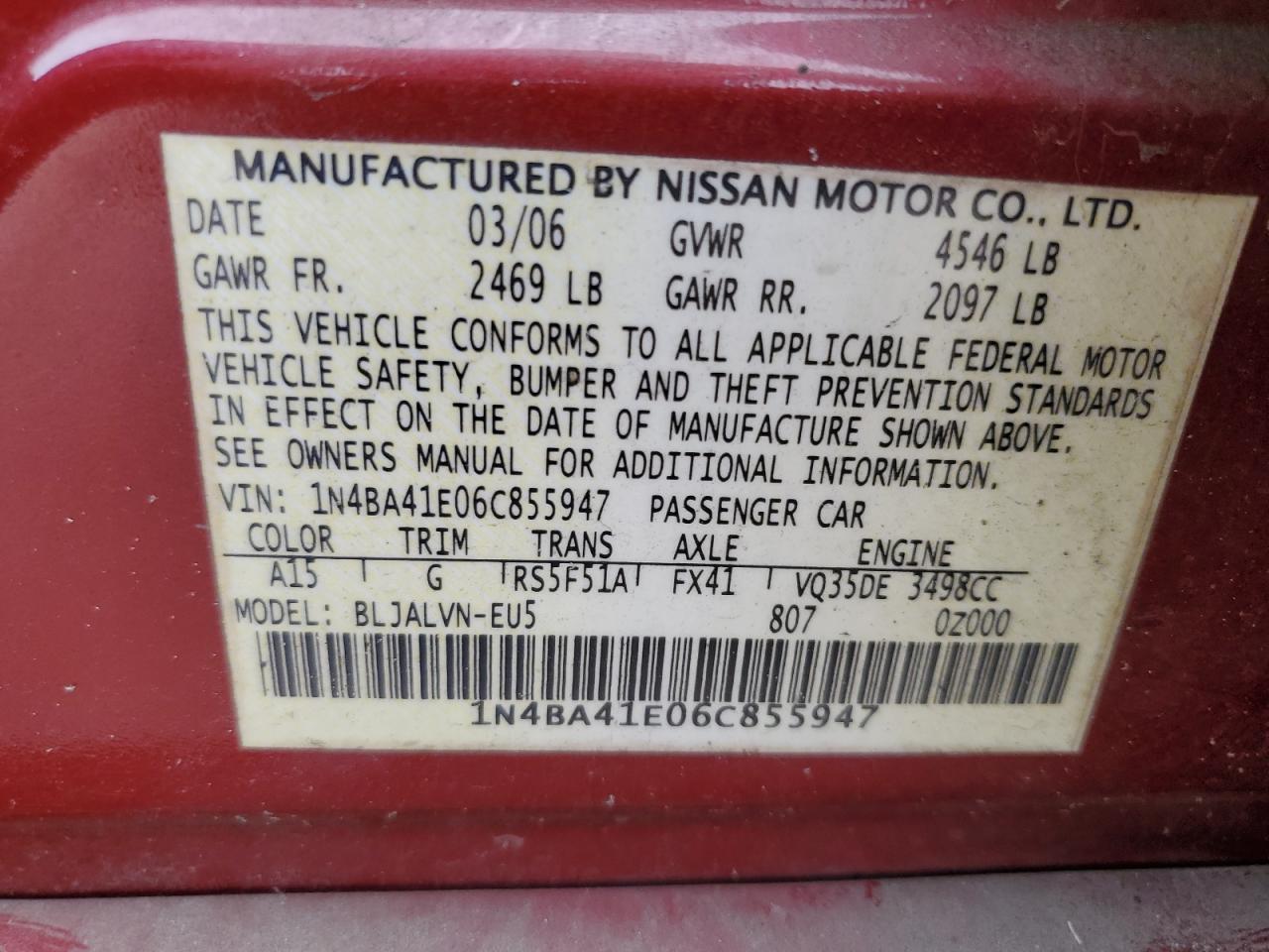 1N4BA41E06C855947 2006 Nissan Maxima Se