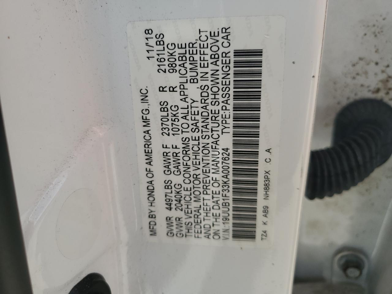 19UUB1F33KA007624 2019 Acura Tlx