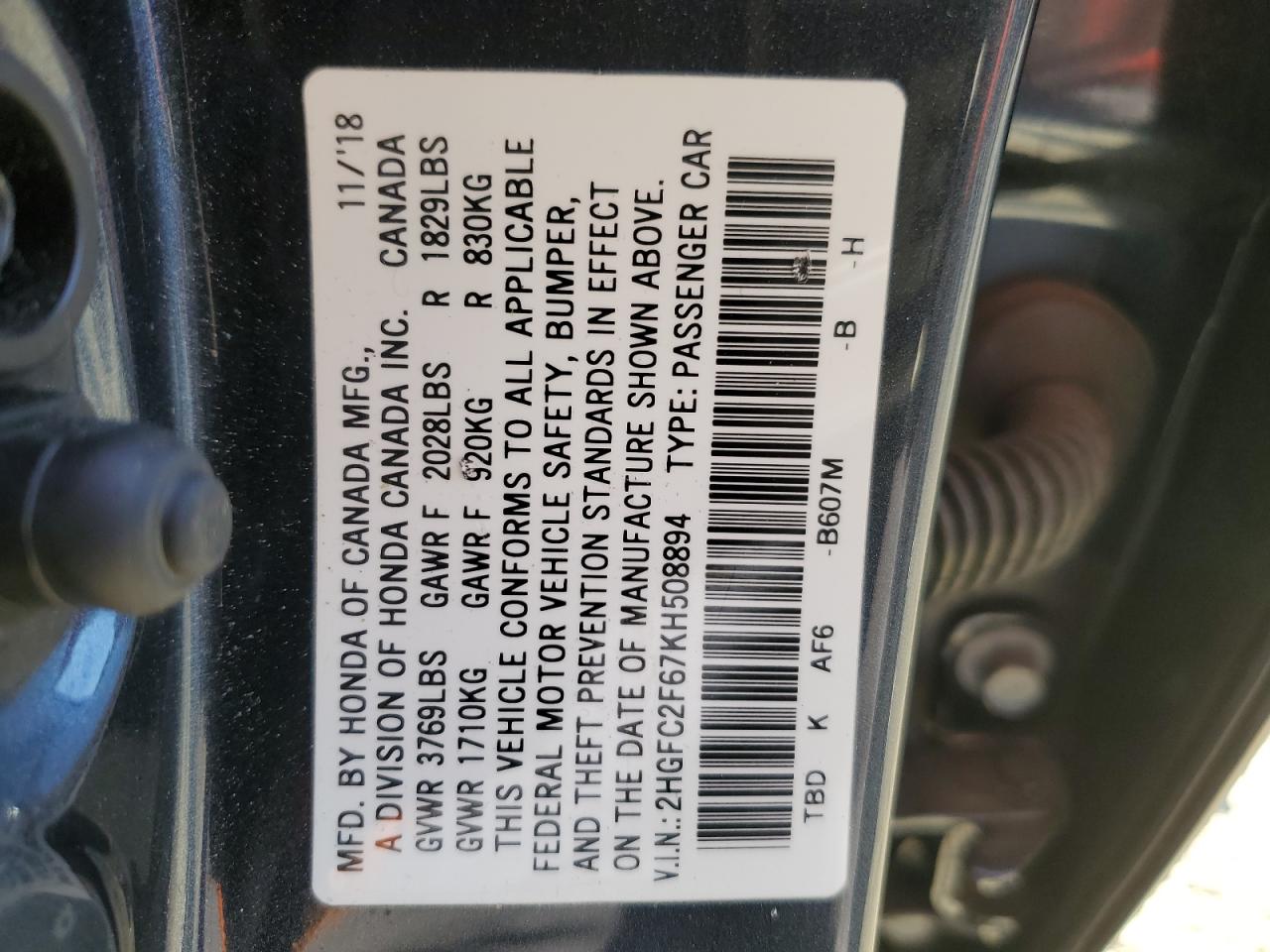 2HGFC2F67KH508894 2019 Honda Civic Lx