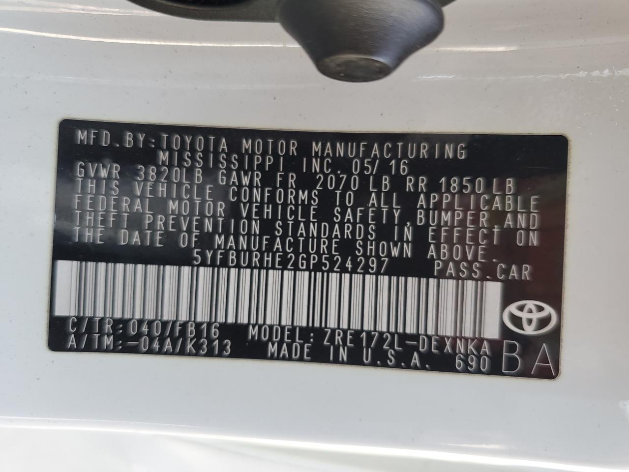 5YFBURHE2GP524297 2016 TOYOTA COROLLA - Image 15