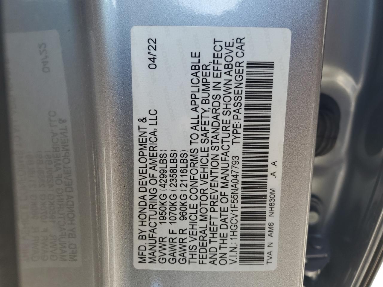 1HGCV1F55NA047793 2022 Honda Accord Exl