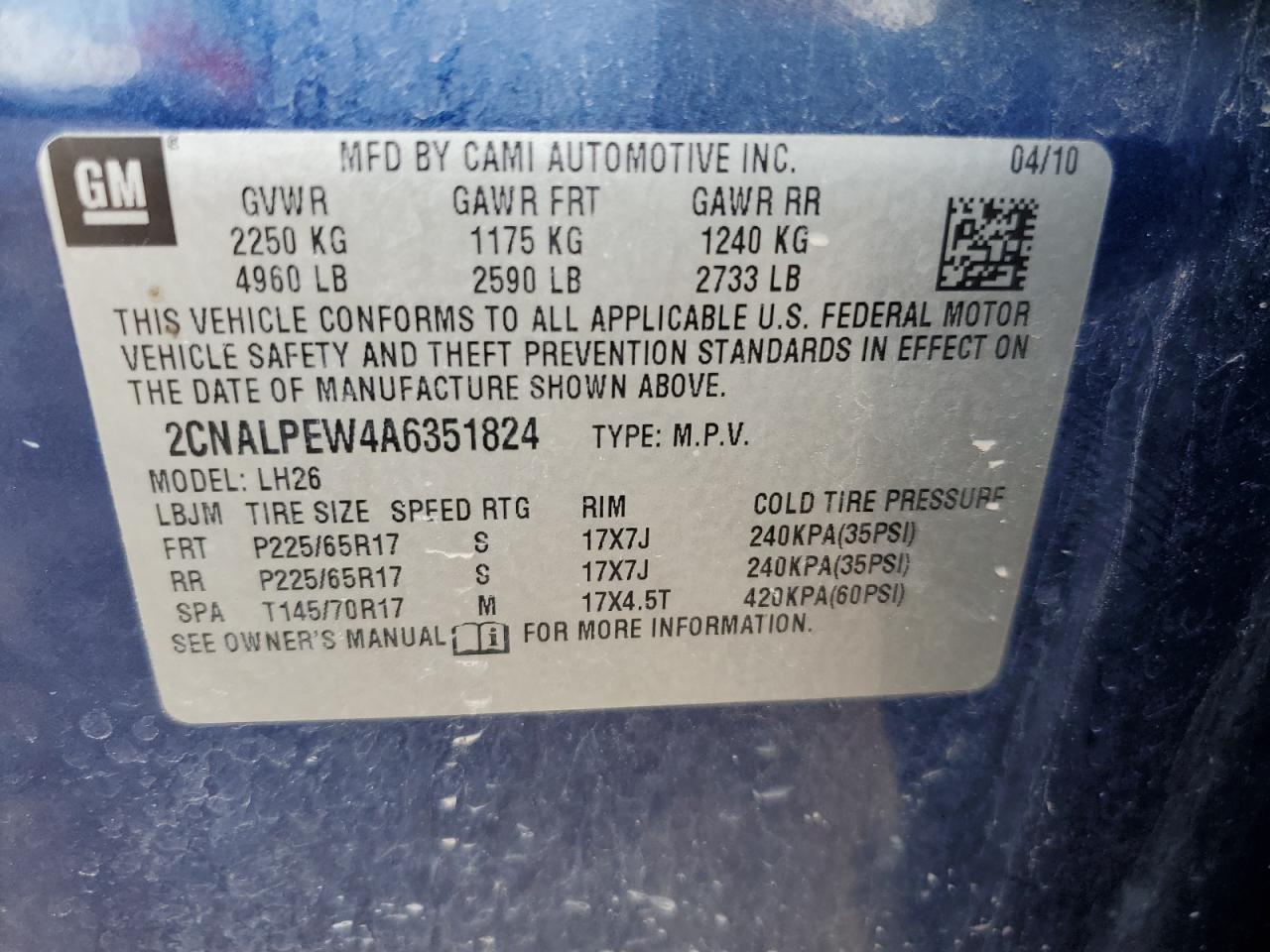 2CNALPEW4A6351824 2010 Chevrolet Equinox Lt