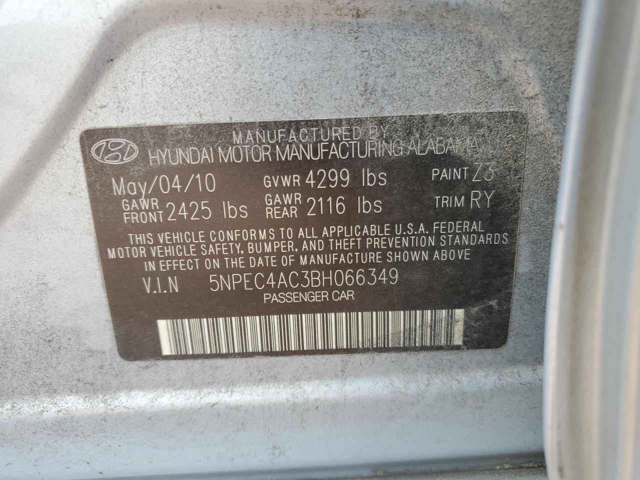 5NPEC4AC3BH066349 2011 Hyundai Sonata Se