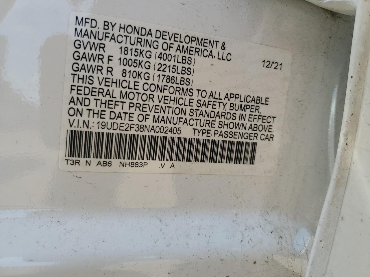 19UDE2F38NA002405 2022 Acura Ilx