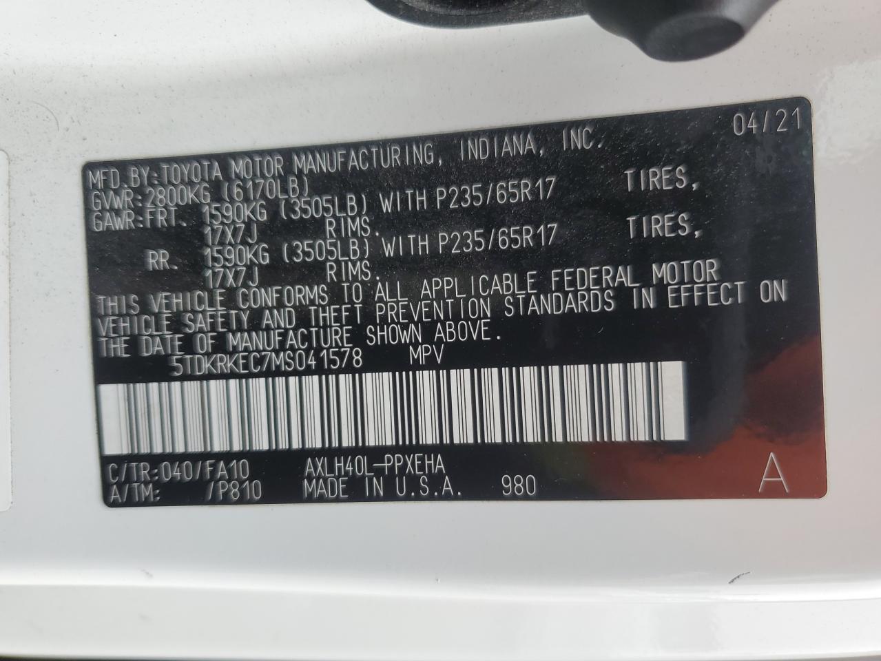 2021 Toyota Sienna Le VIN: 5TDKRKEC7MS041578 Lot: 72546044