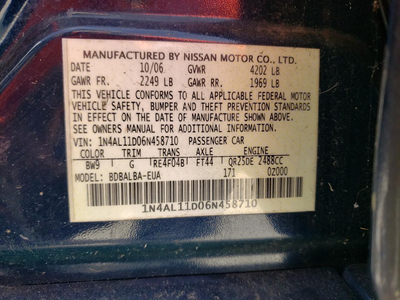 1N4AL11D06N458710 2006 Nissan Altima S