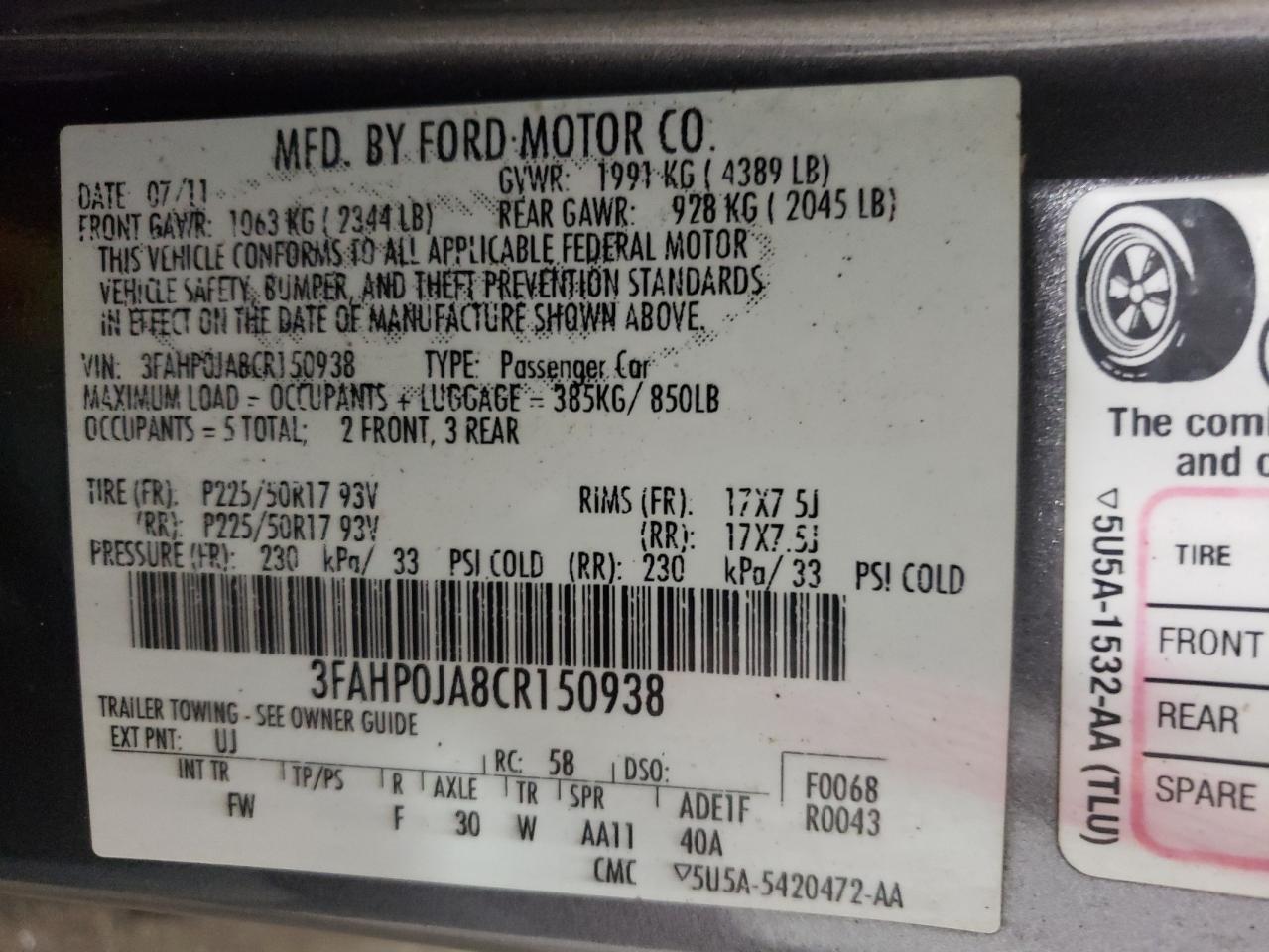 3FAHP0JA8CR150938 2012 Ford Fusion Sel