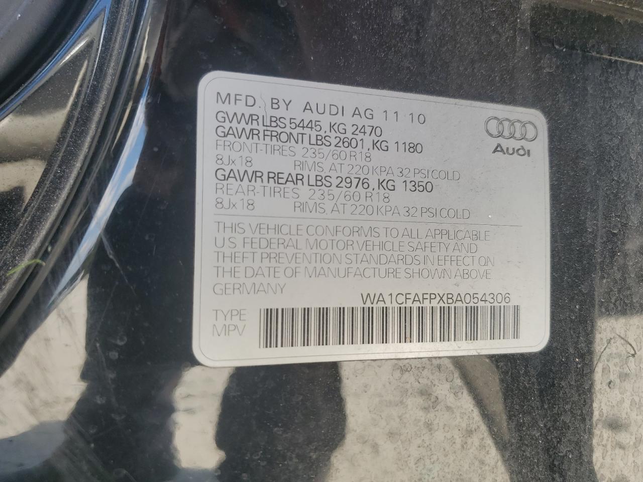 2011 Audi Q5 Premium VIN: WA1CFAFPXBA054306 Lot: 72654074