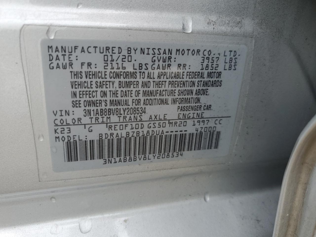 3N1AB8BV8LY208534 2020 Nissan Sentra S