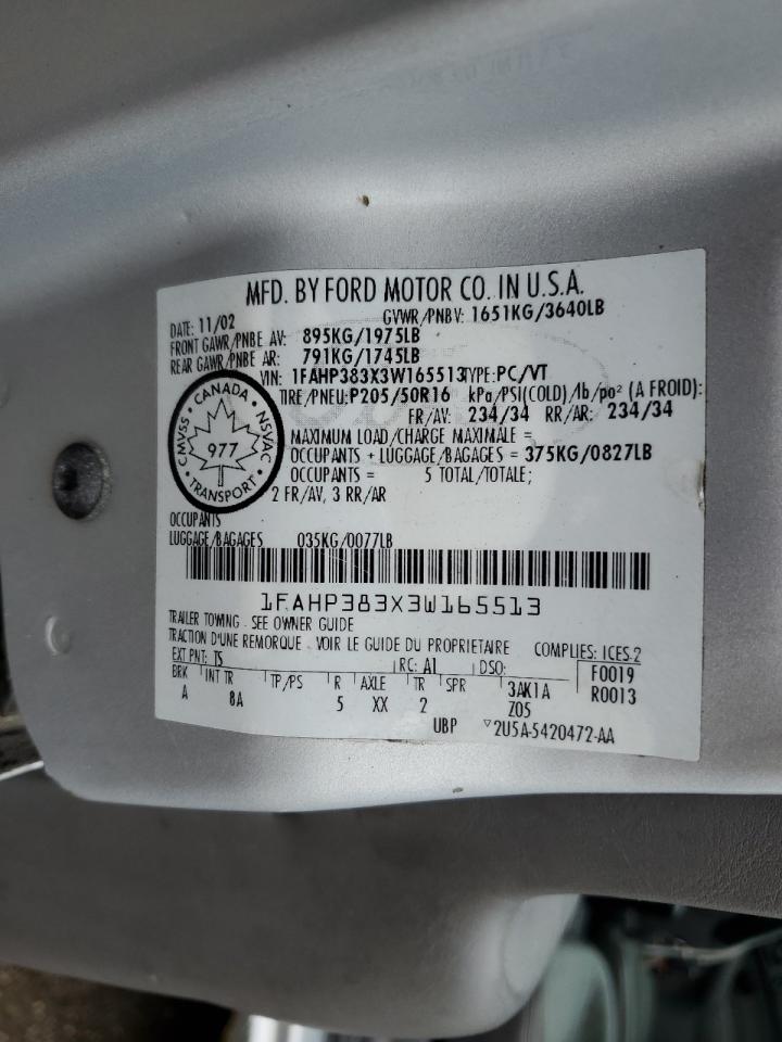 1FAHP383X3W165513 2003 Ford Focus Zts