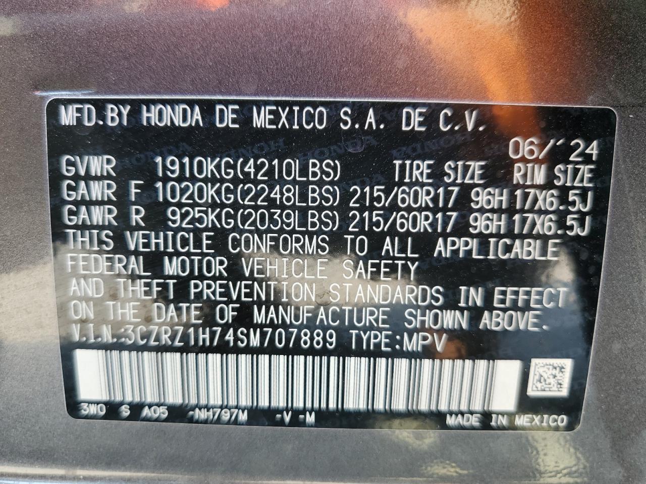 2025 Honda Hr-V Exl VIN: 3CZRZ1H74SM707889 Lot: 70890194