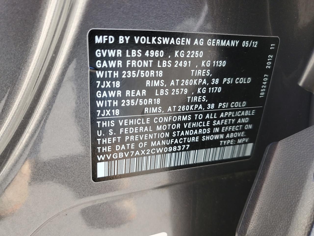 2012 Volkswagen Tiguan S VIN: WVGBV7AX2CW098377 Lot: 73527594