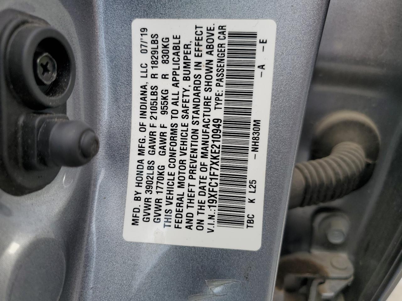 19XFC1F7XKE210949 2019 Honda Civic Exl