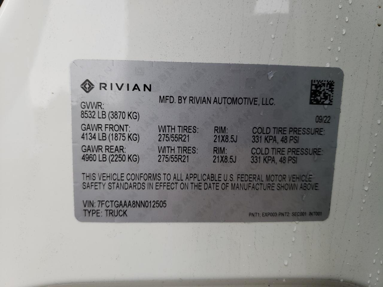 2022 Rivian R1T Adventure VIN: 7FCTGAAA8NN012505 Lot: 72496734