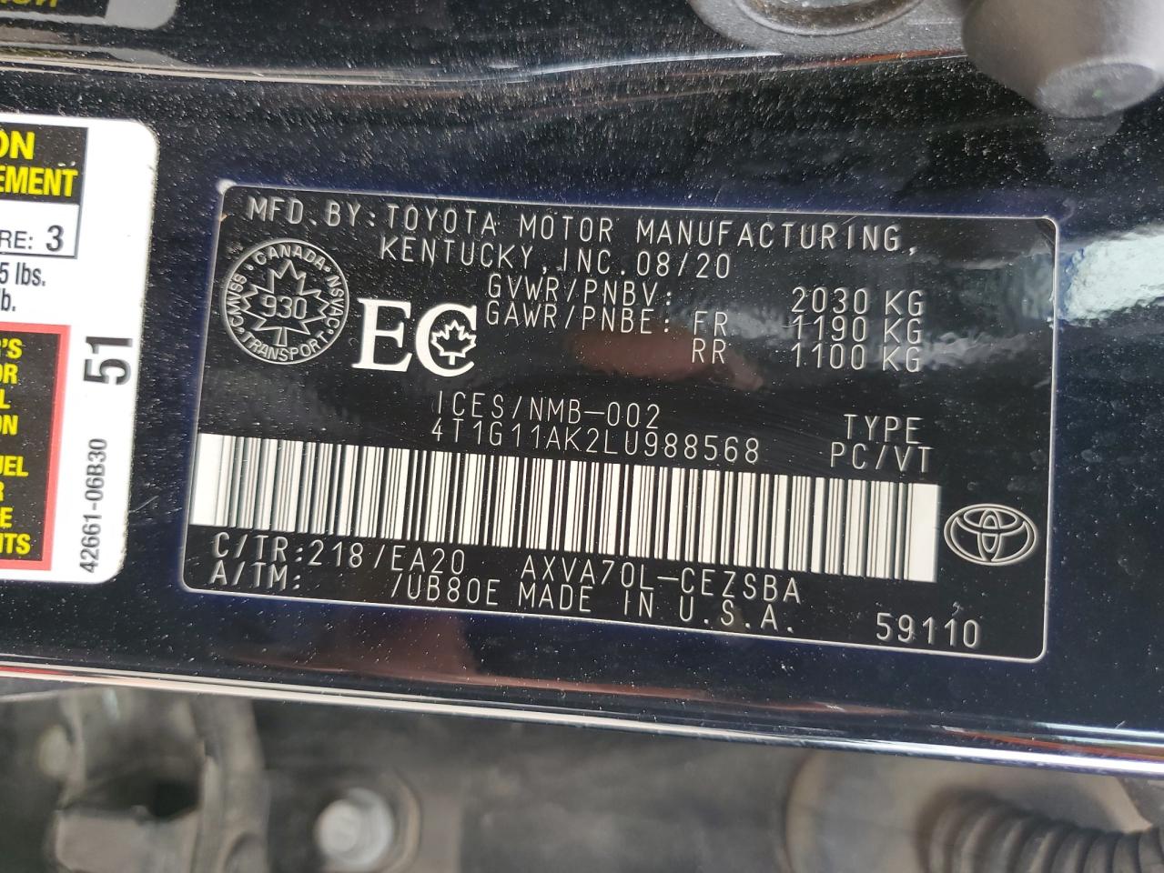 4T1G11AK2LU988568 2020 Toyota Camry Se