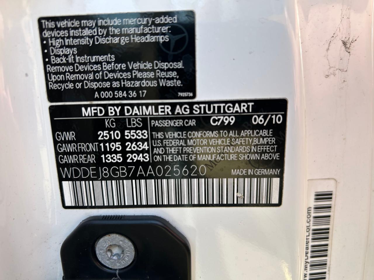 WDDEJ8GB7AA025620 2010 Mercedes-Benz Cl 550 4Matic