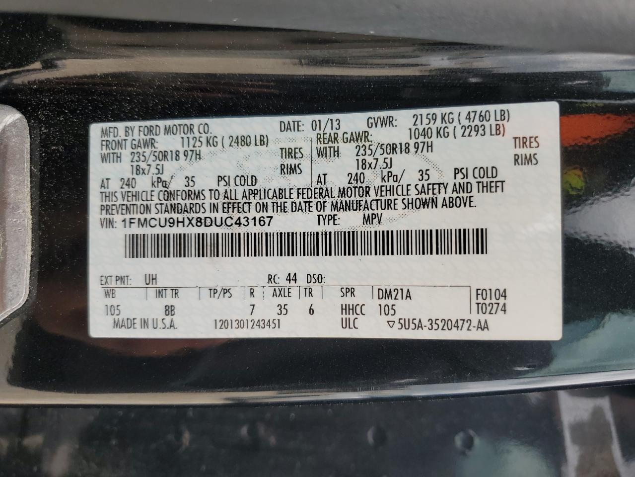 1FMCU9HX8DUC43167 2013 Ford Escape Sel