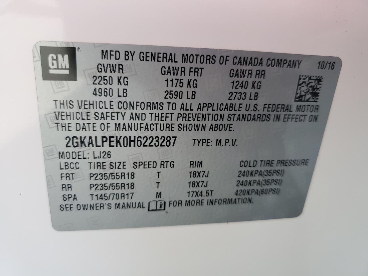 2017 GMC Terrain Slt VIN: 2GKALPEK0H6223287 Lot: 72617164