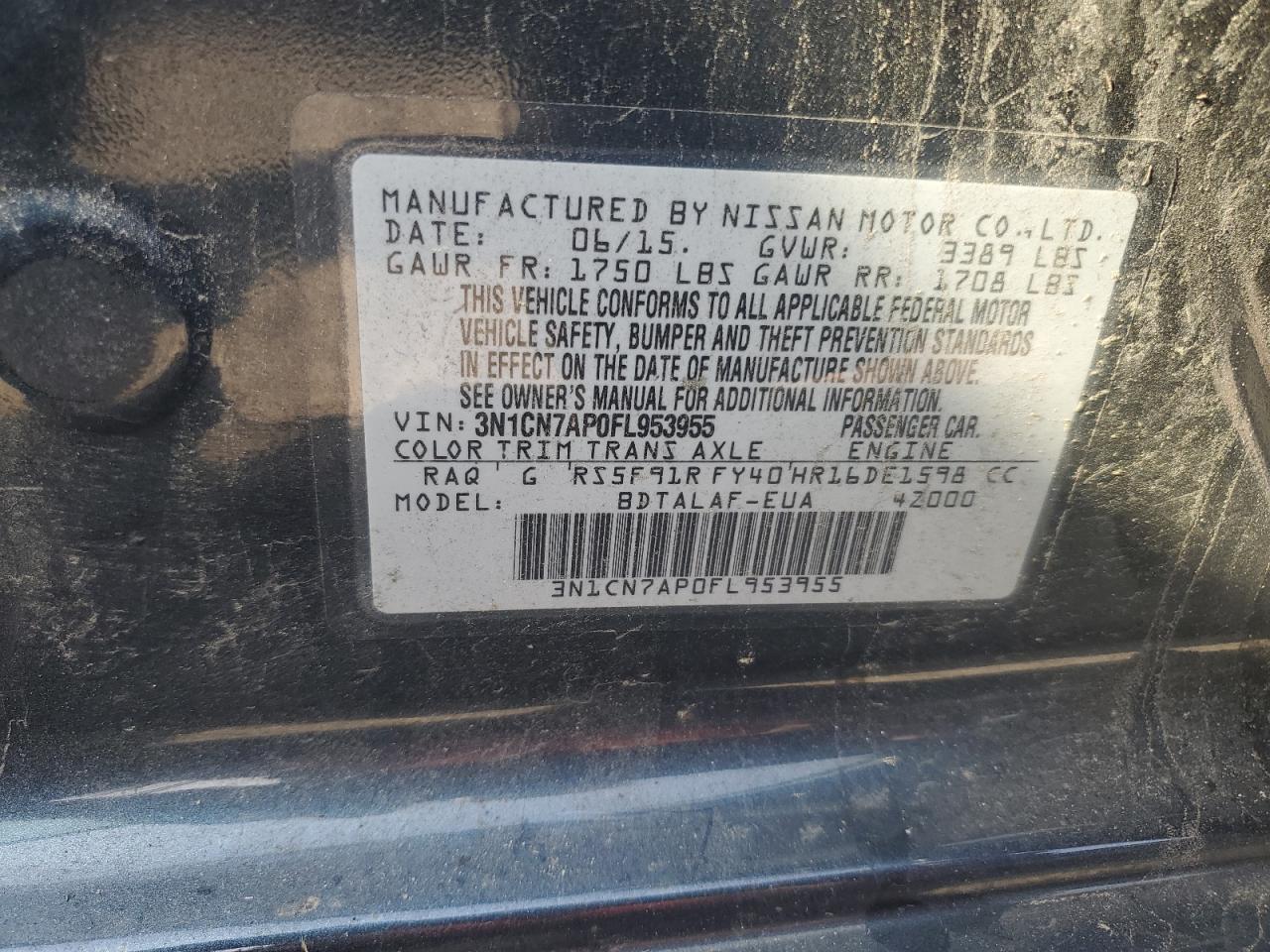 3N1CN7AP0FL953955 2015 Nissan Versa S